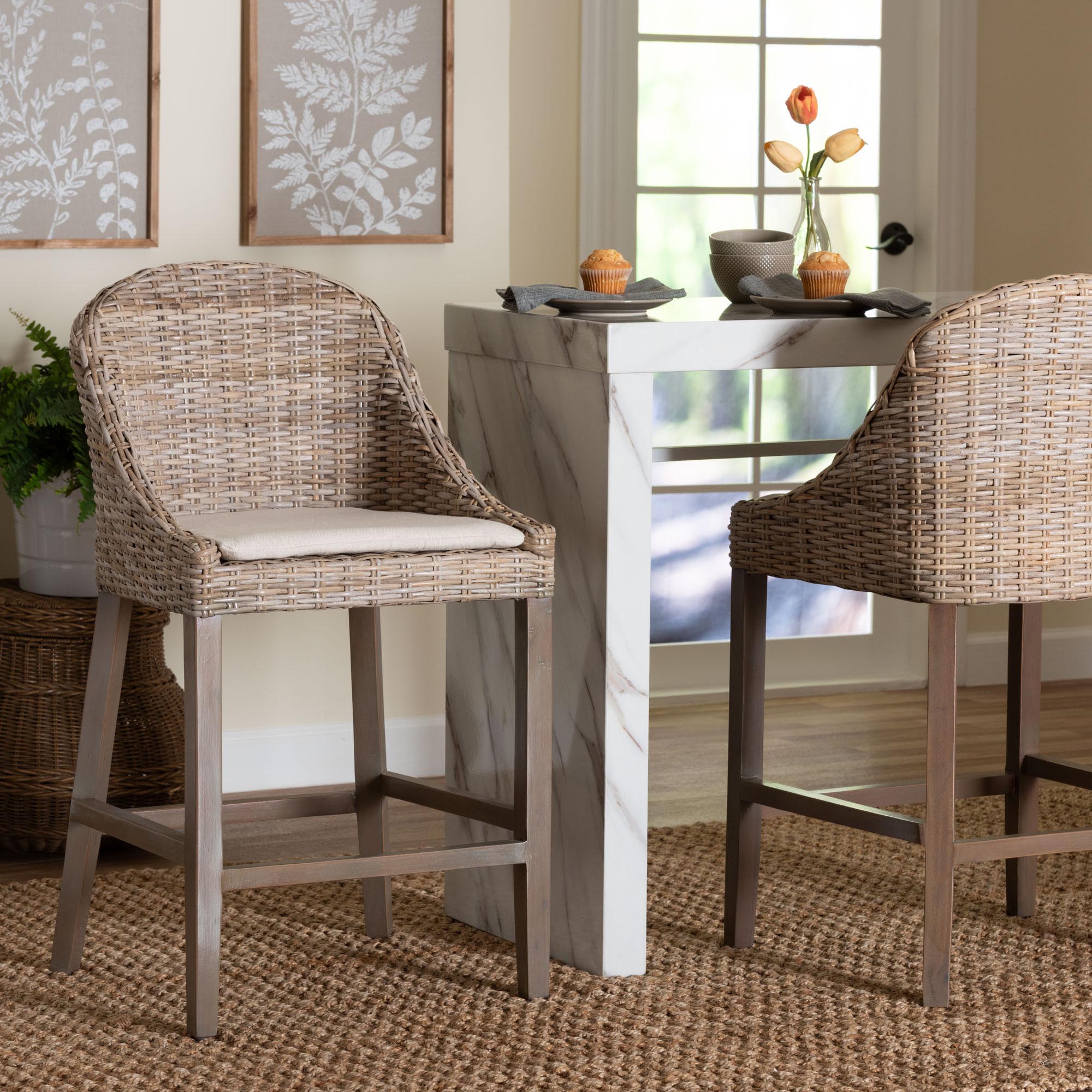 Lara Kubu Rattan Counter Stool with Cushion - Handwoven Wicker Accent Stool with Wingback Design for Kitchen Island