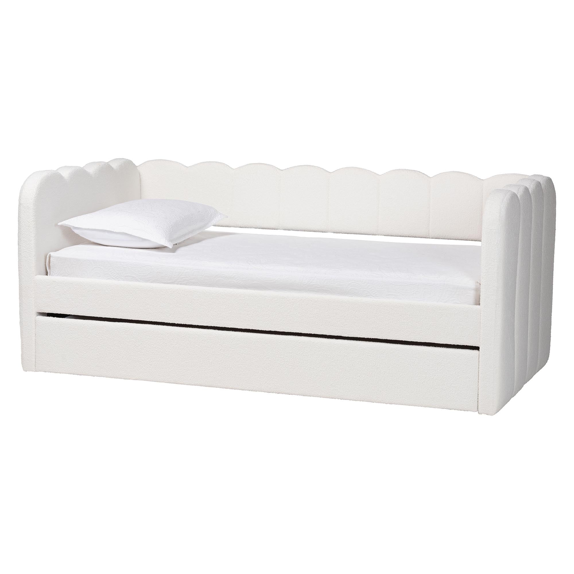 Palmer Cream Teddy-Bear Fabric Daybed with Rolling Trundle - Scalloped Edge Daybed with Plush Upholstery, Modern Sofa Bed for Bedroom or Guest Room, Twin