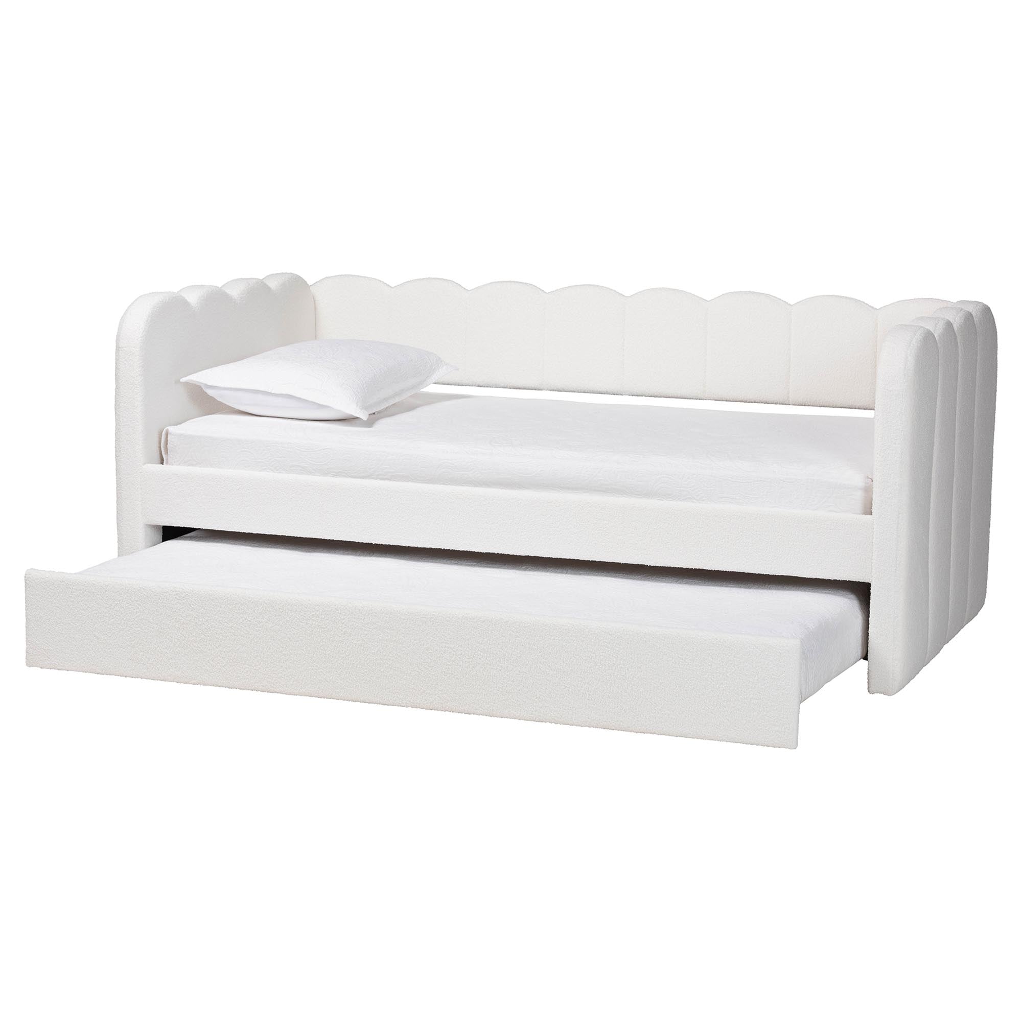 Palmer Cream Teddy-Bear Fabric Daybed with Rolling Trundle - Scalloped Edge Daybed with Plush Upholstery, Modern Sofa Bed for Bedroom or Guest Room, Twin