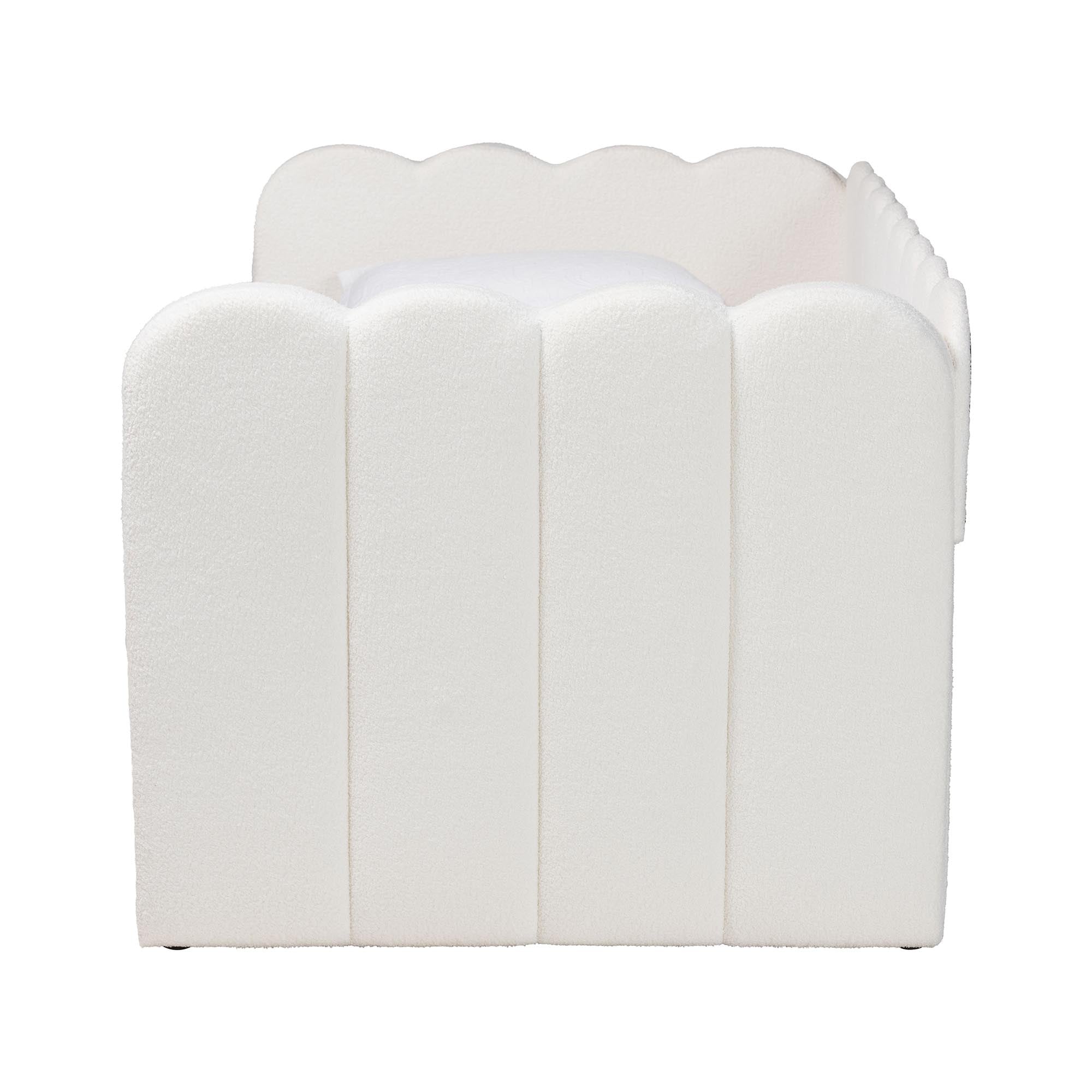 Palmer Cream Teddy-Bear Fabric Daybed with Rolling Trundle - Scalloped Edge Daybed with Plush Upholstery, Modern Sofa Bed for Bedroom or Guest Room, Twin