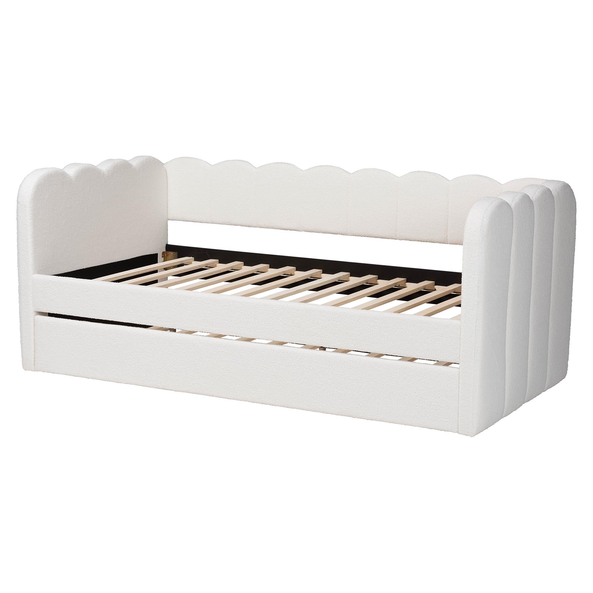 Palmer Cream Teddy-Bear Fabric Daybed with Rolling Trundle - Scalloped Edge Daybed with Plush Upholstery, Modern Sofa Bed for Bedroom or Guest Room, Twin