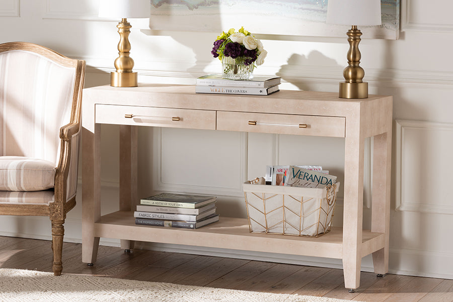 Nira Faux Shagreen Console Table - Contemporary Accent Display Piece with 2 Drawers and Open Shelf, Storage Solution for Entryway or Living Room