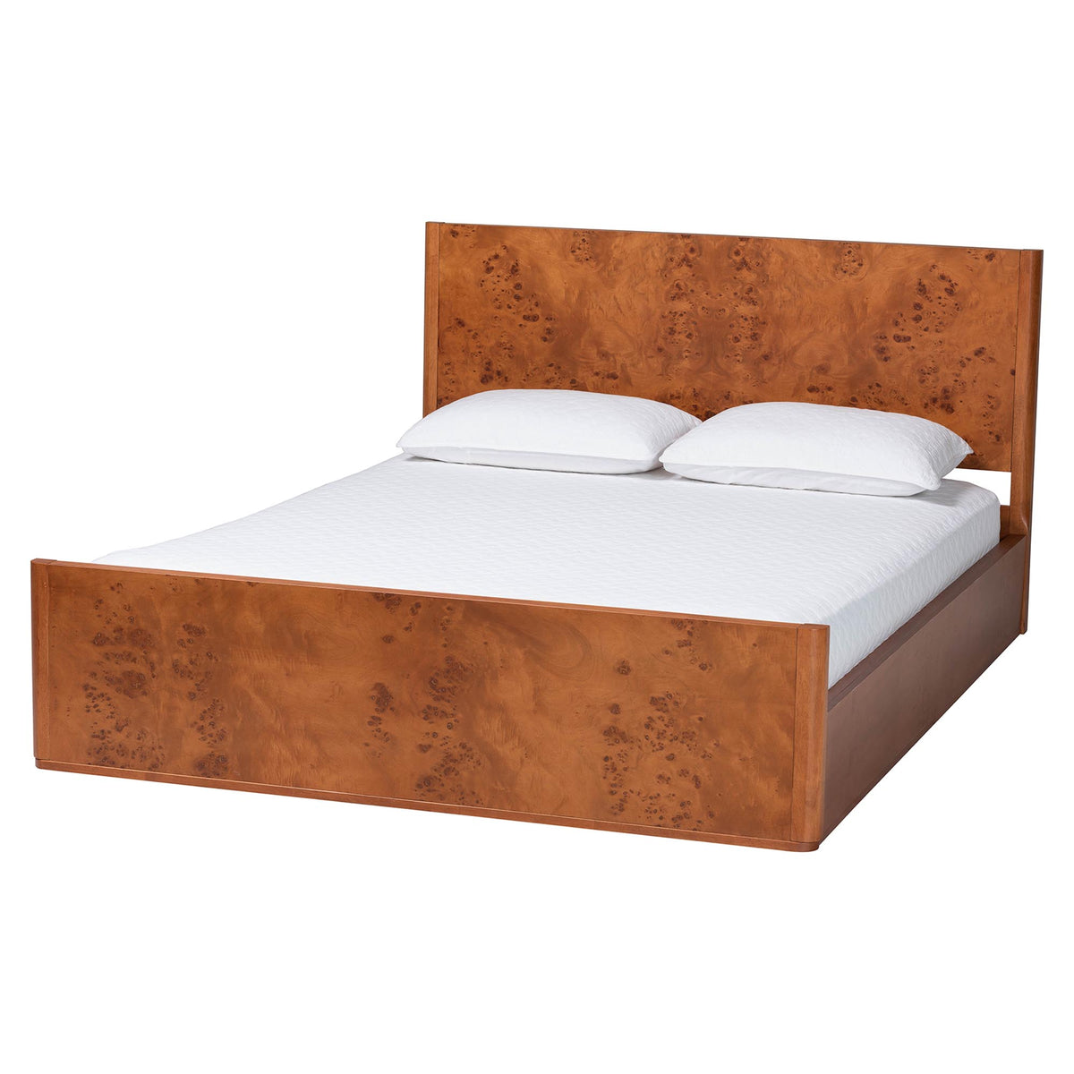 Fuentes Real Burl Wood Bed Frame - Modern Low-Profile Platform Bed with Accent Footboard, Mid-Century Inspired Bedroom Furniture, Queen