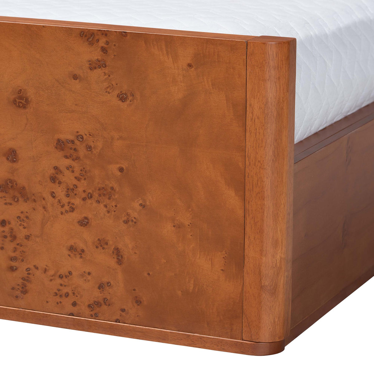 Fuentes Real Burl Wood Bed Frame - Modern Low-Profile Platform Bed with Accent Footboard, Mid-Century Inspired Bedroom Furniture, Queen