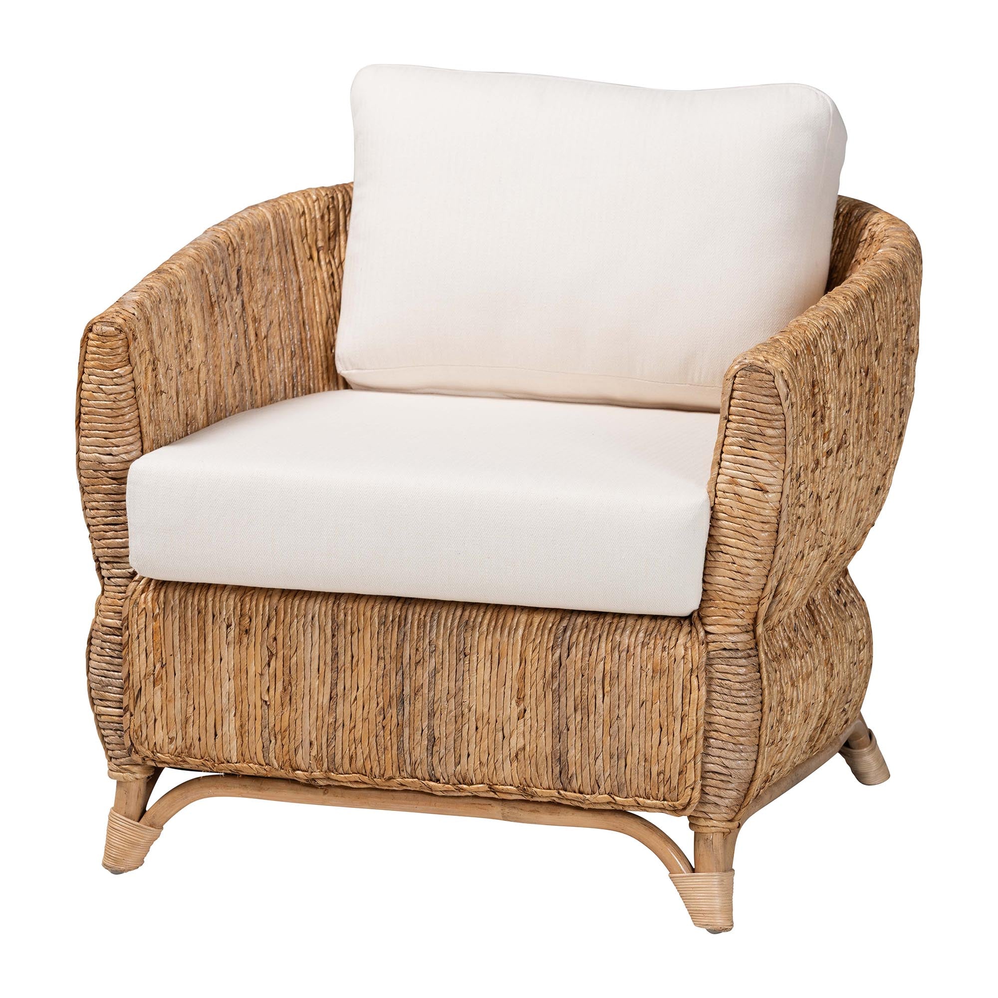 bali & pari Roma Rattan and Seagrass Armchair with Cushions - Handwoven Lounge Chair with Wide Armrests and Sculptural Base, Boho Coastal Living Room Furniture