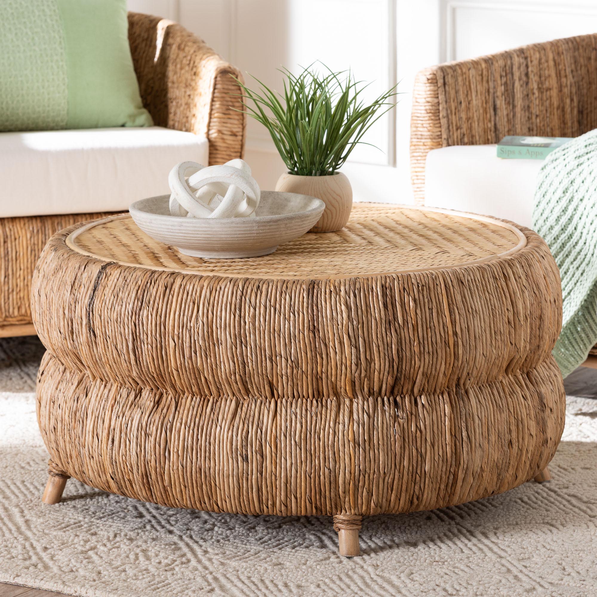Roma Rattan and Seagrass Coffee Table - Low Profile Boho Accent Table with Textured Design and Natural Finish, Handcrafted Rattan Centerpiece for Living Room or Lounge