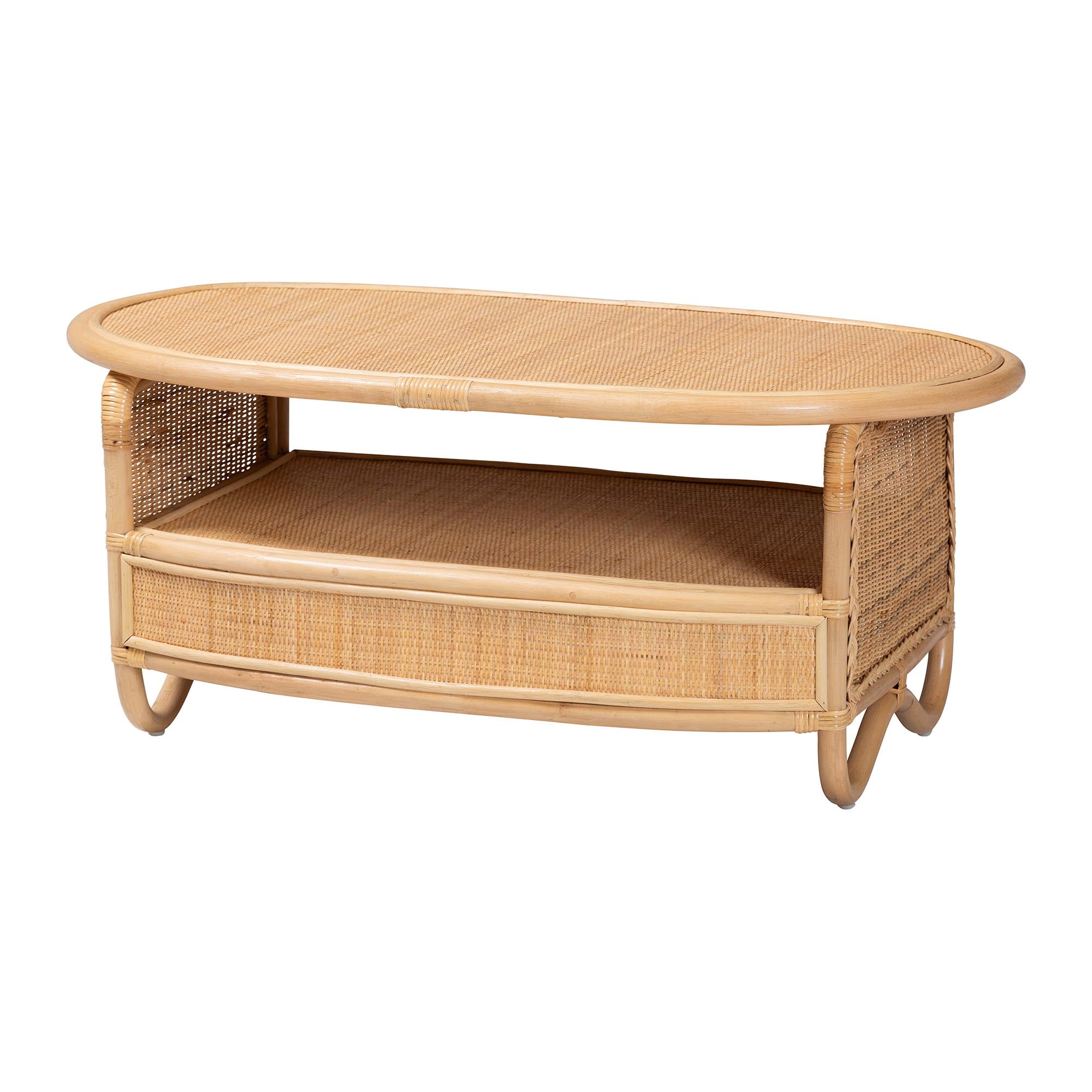 bali & pari Dyna Natural Rattan Coffee Table with Open Shelf - Handwoven Wicker Accent Table with Oval Tabletop and Braided Weavings, Coastal Boho Living Room Centerpiece
