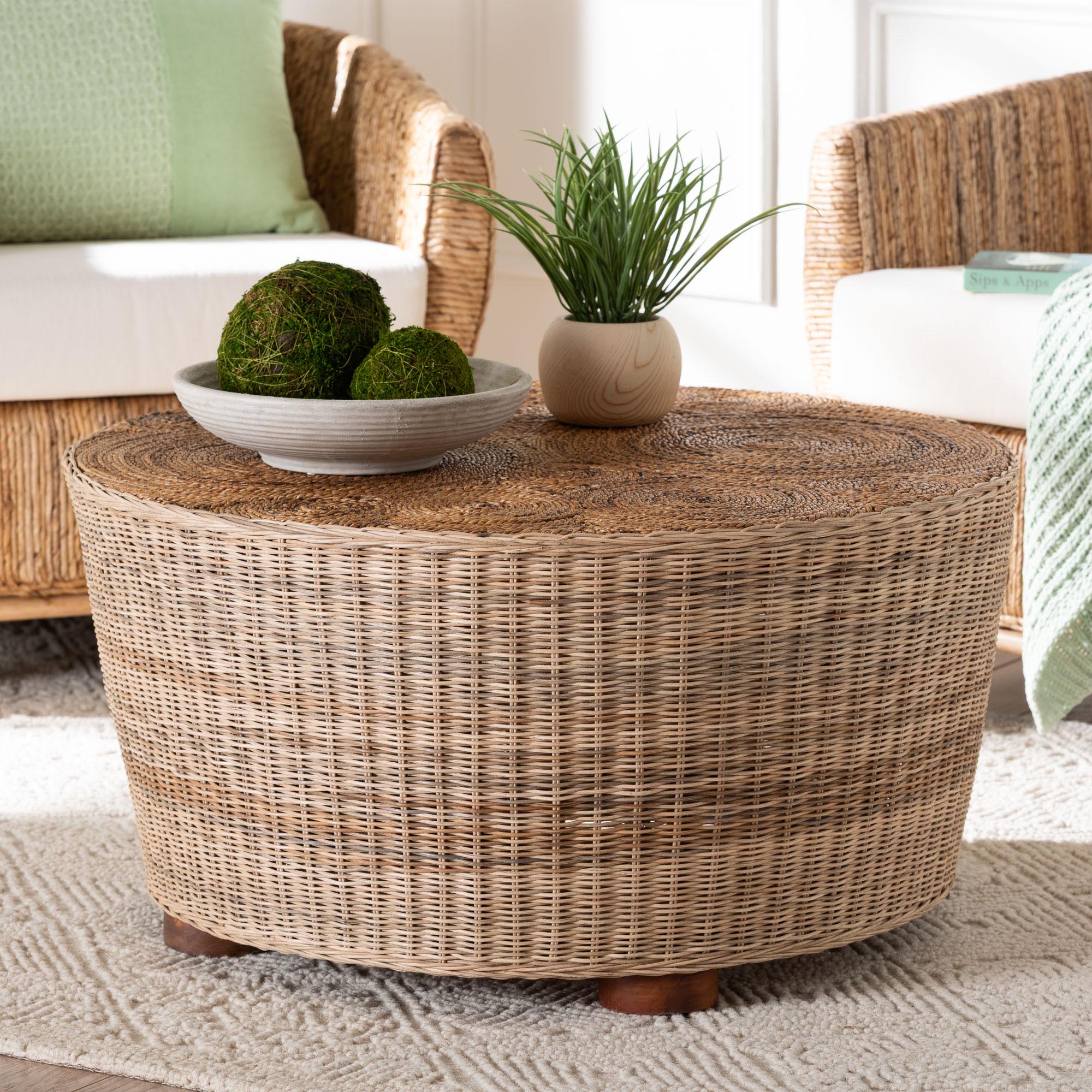 Hosanna Natural Rattan Coffee Table - Handwoven Wicker Accent Table with Textured Spiral Top for Living Room or Lounge