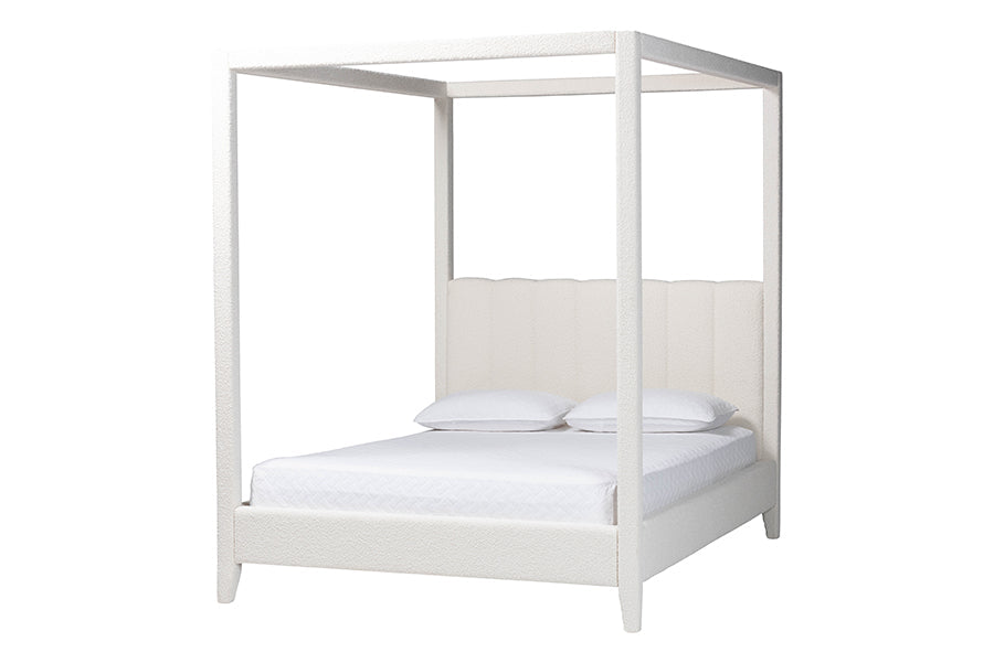 Aerona Boucle Upholstered Canopy Bed - Four Poster Platform Bed with Channel-Tufted Headboard, Cream, Queen