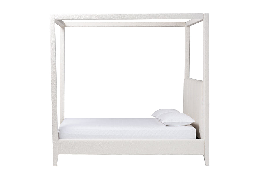 Aerona Boucle Upholstered Canopy Bed - Four Poster Platform Bed with Channel-Tufted Headboard, Cream, Queen