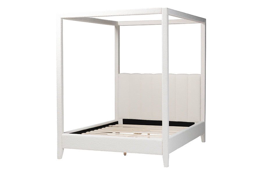 Aerona Boucle Upholstered Canopy Bed - Four Poster Platform Bed with Channel-Tufted Headboard, Cream, Queen