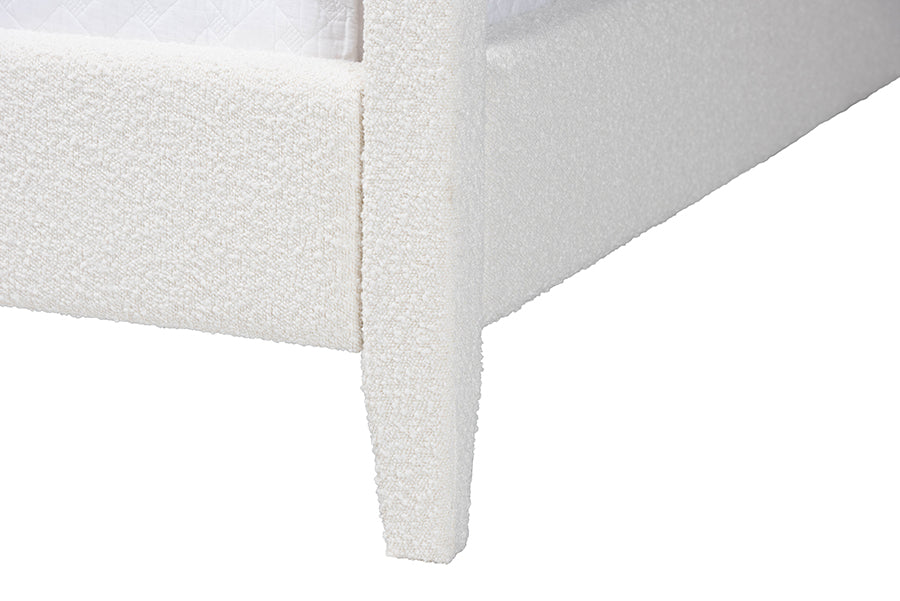 Aerona Boucle Upholstered Canopy Bed - Four Poster Platform Bed with Channel-Tufted Headboard, Cream, Queen