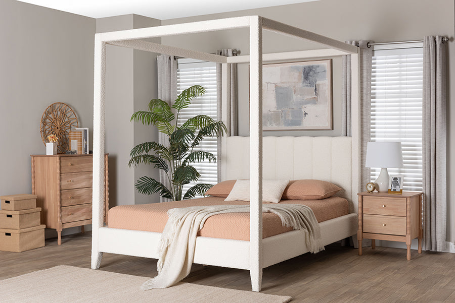 Aerona Boucle Upholstered Canopy Bed - Four Poster Platform Bed with Channel-Tufted Headboard, Cream, Queen