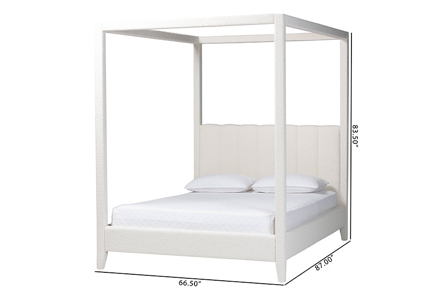 Aerona Boucle Upholstered Canopy Bed - Four Poster Platform Bed with Channel-Tufted Headboard, Cream, Queen