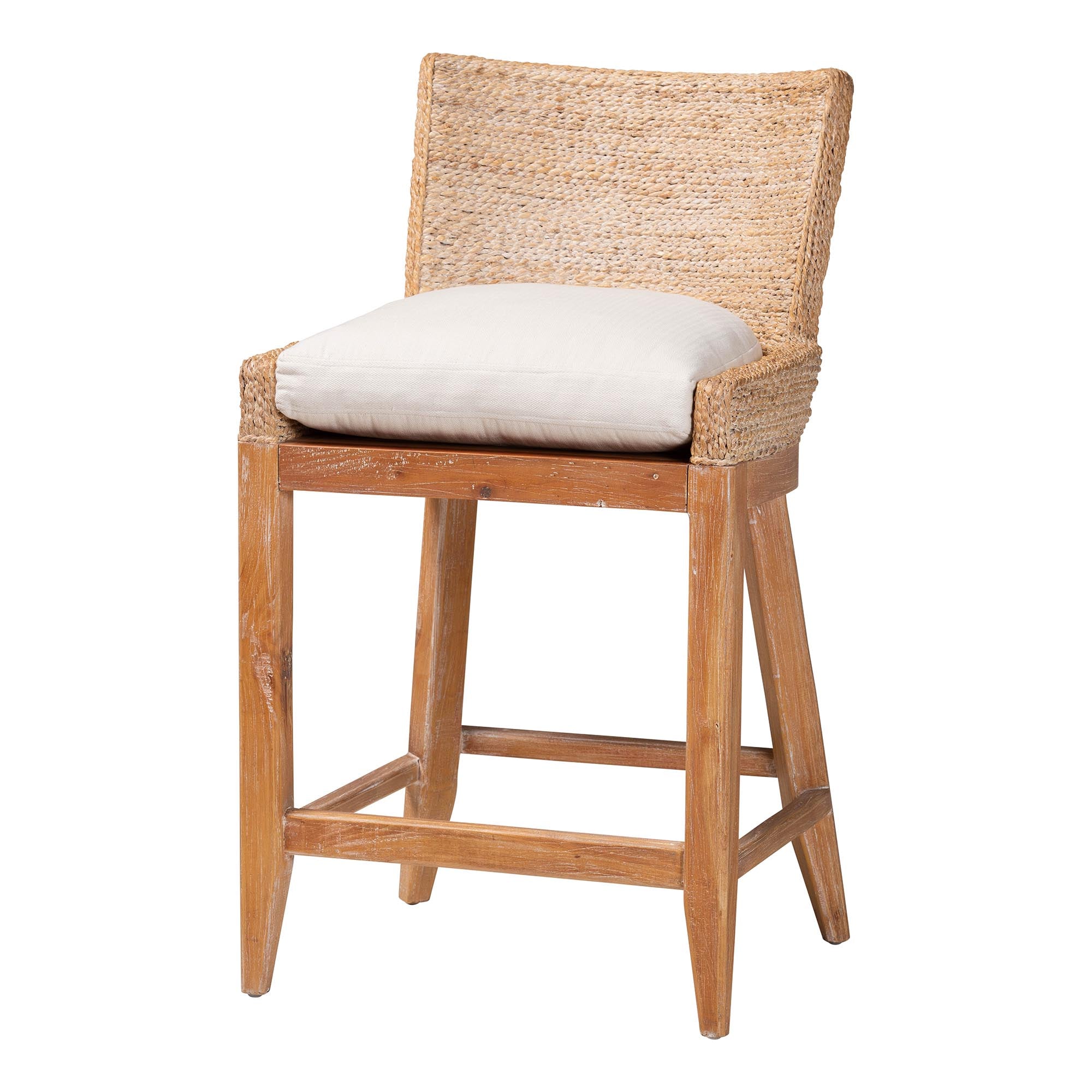 bali & pari Ridley Seagrass Counter Stool with Mahogany Wood Frame - Coastal Seating with Woven Square Back and Cushioned Seat for Kitchen Island or Breakfast Bar, Whitewash