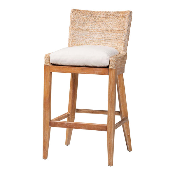 Ridley Seagrass Bar Stool with Mahogany Wood Frame - Coastal Seating with Woven Square Back and Cushioned Seat for Bar Island or Lounge, Whitewash