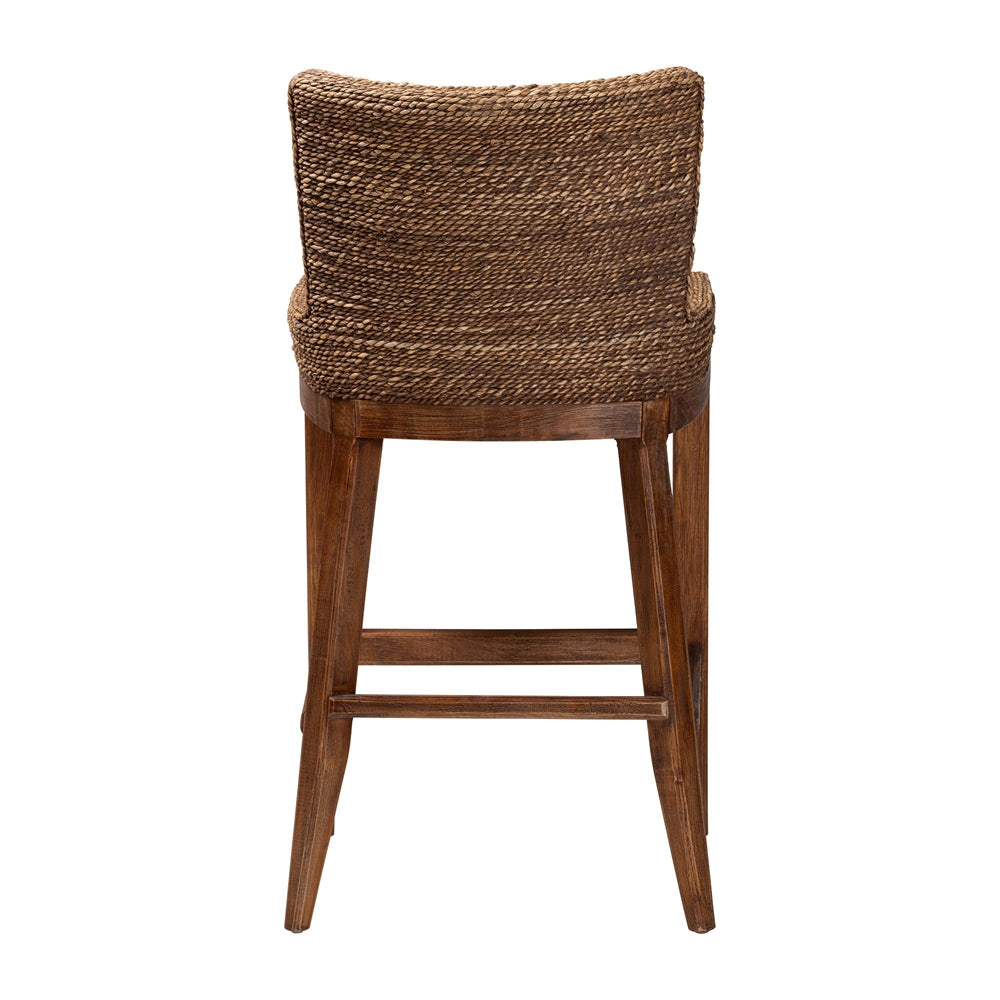 Ridley Seagrass Bar Stool with Mahogany Wood Frame - Coastal Seating with Woven Square Back and Cushioned Seat for Bar Island or Lounge, Brown Wash