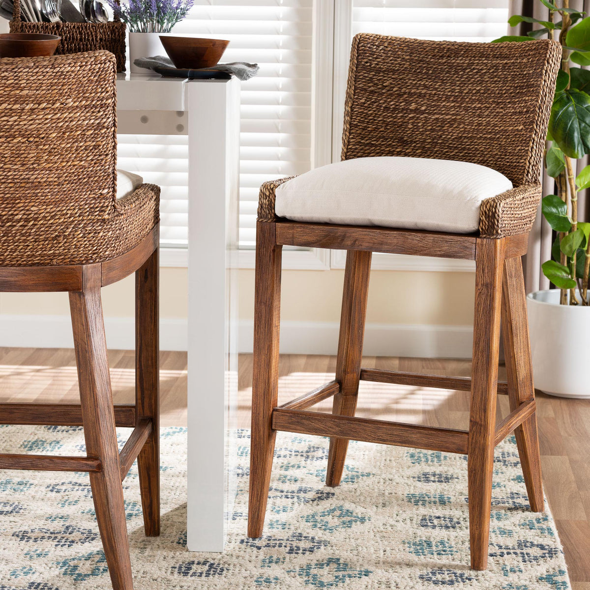 Ridley Seagrass Bar Stool with Mahogany Wood Frame - Coastal Seating with Woven Square Back and Cushioned Seat for Bar Island or Lounge, Brown Wash