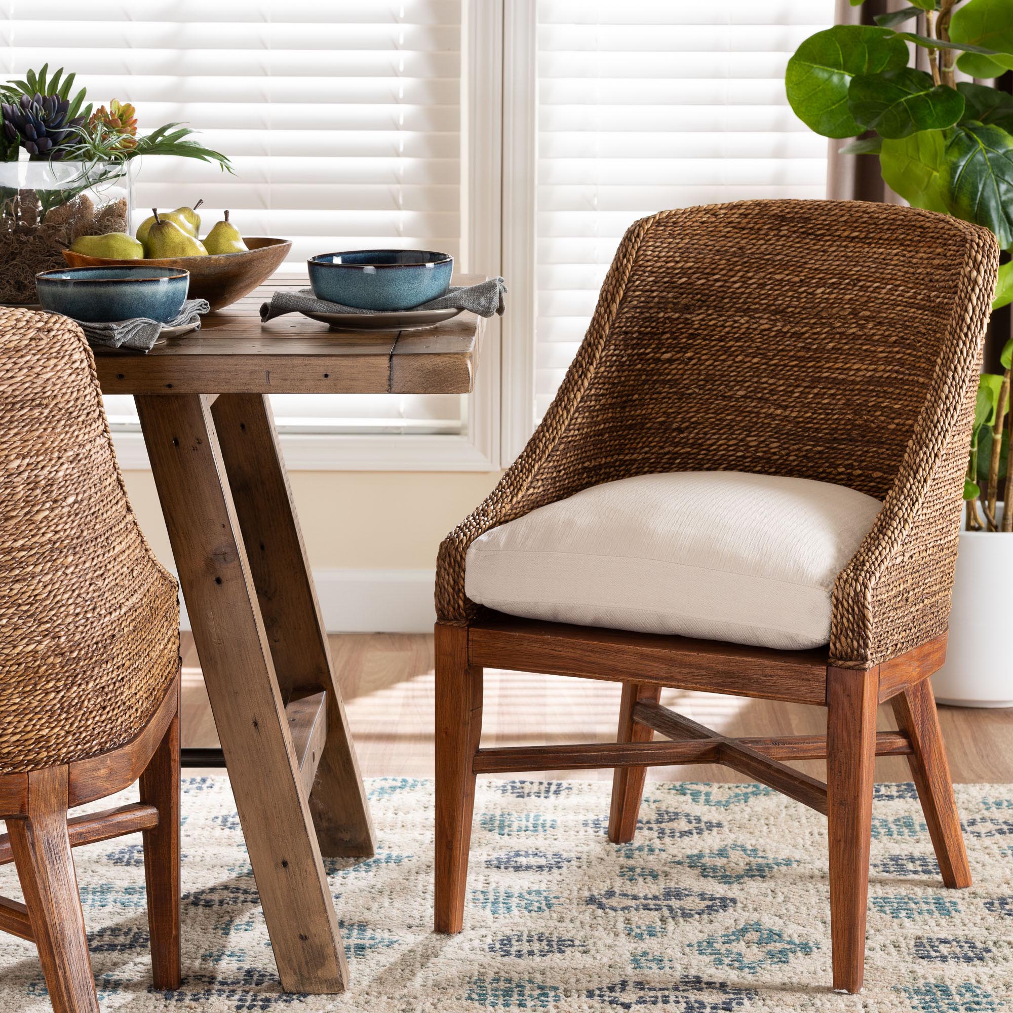 Jasper Seagrass Dining Chair with Mahogany Wood Frame - Coastal Accent Chair with Woven Wingback and Cushioned Seat for Dining Room or Kitchen, Brown Wash
