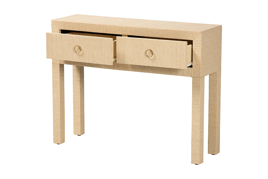 Noah Grasscloth 2-Drawer Console Table - Woven Texture Entryway Table with Gold Ring Pulls, Narrow Hallway or Living Room Accent Table, Light Brown