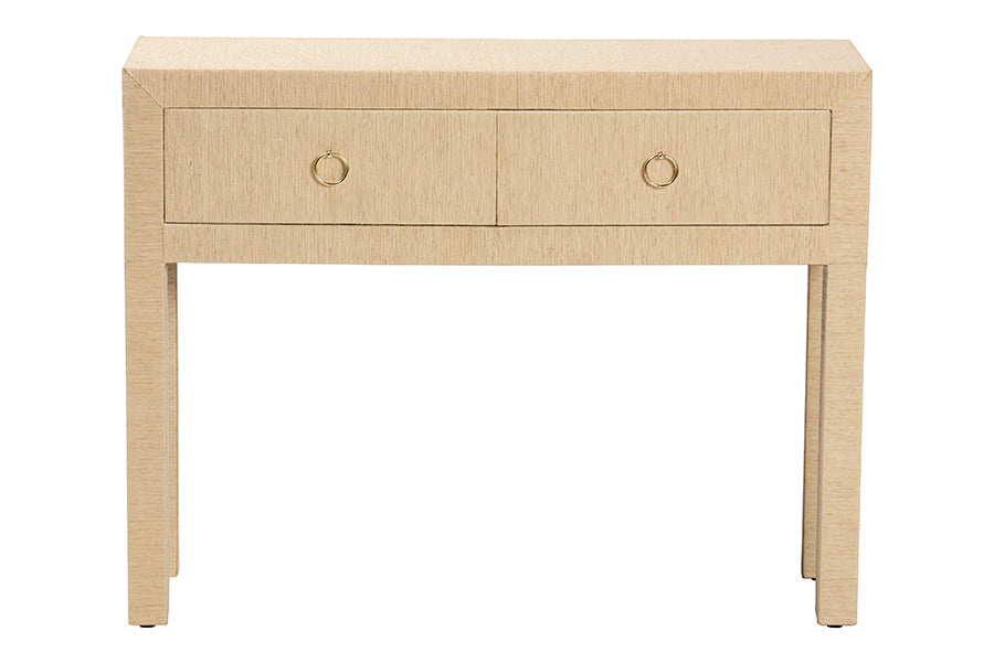 Noah Grasscloth 2-Drawer Console Table - Woven Texture Entryway Table with Gold Ring Pulls, Narrow Hallway or Living Room Accent Table, Light Brown