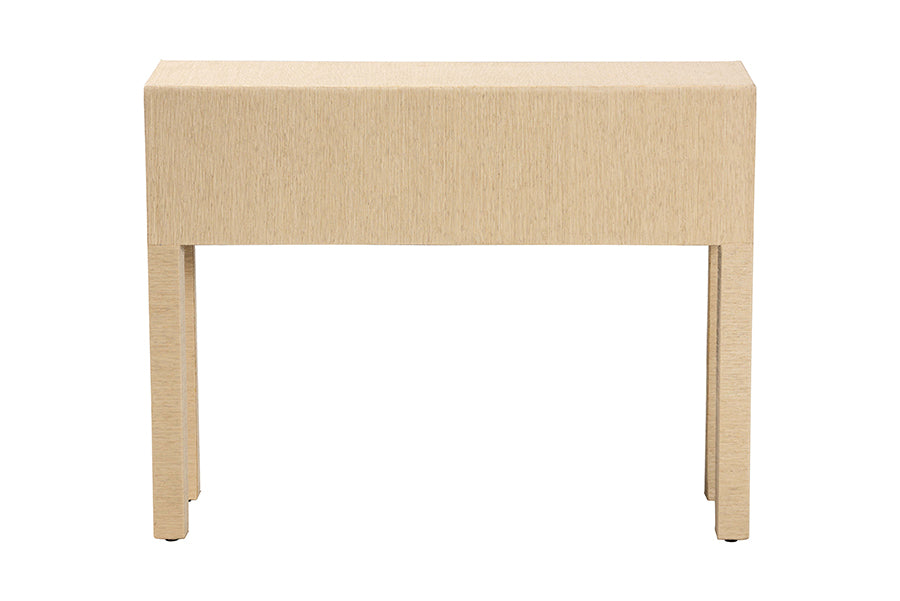 Noah Grasscloth 2-Drawer Console Table - Woven Texture Entryway Table with Gold Ring Pulls, Narrow Hallway or Living Room Accent Table, Light Brown