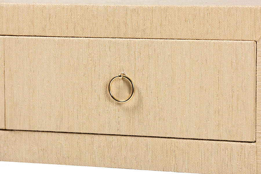 Noah Grasscloth 2-Drawer Console Table - Woven Texture Entryway Table with Gold Ring Pulls, Narrow Hallway or Living Room Accent Table, Light Brown