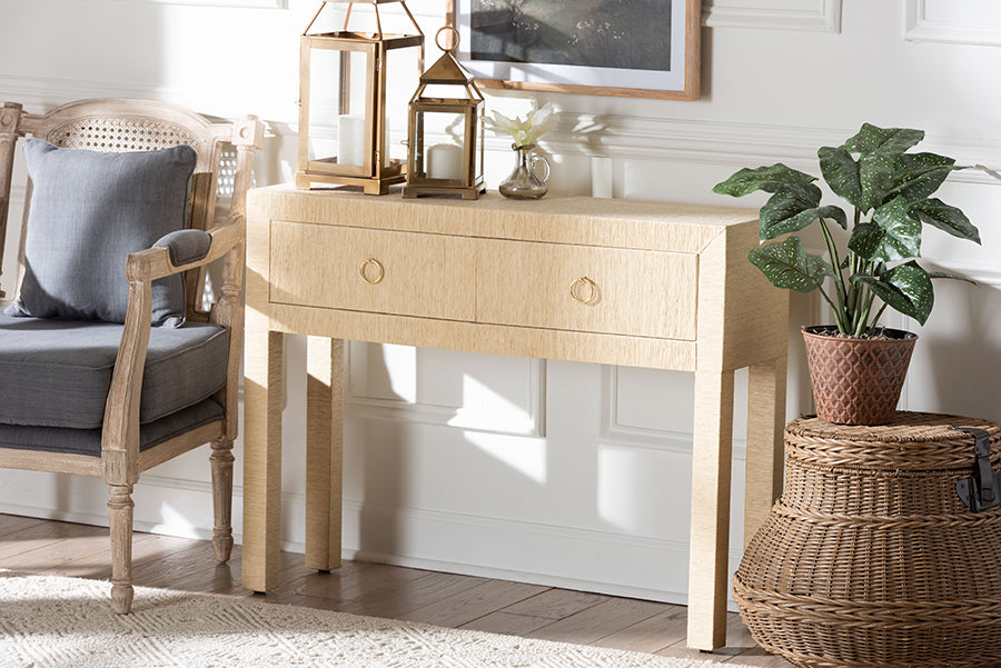 Noah Grasscloth 2-Drawer Console Table - Woven Texture Entryway Table with Gold Ring Pulls, Narrow Hallway or Living Room Accent Table, Light Brown