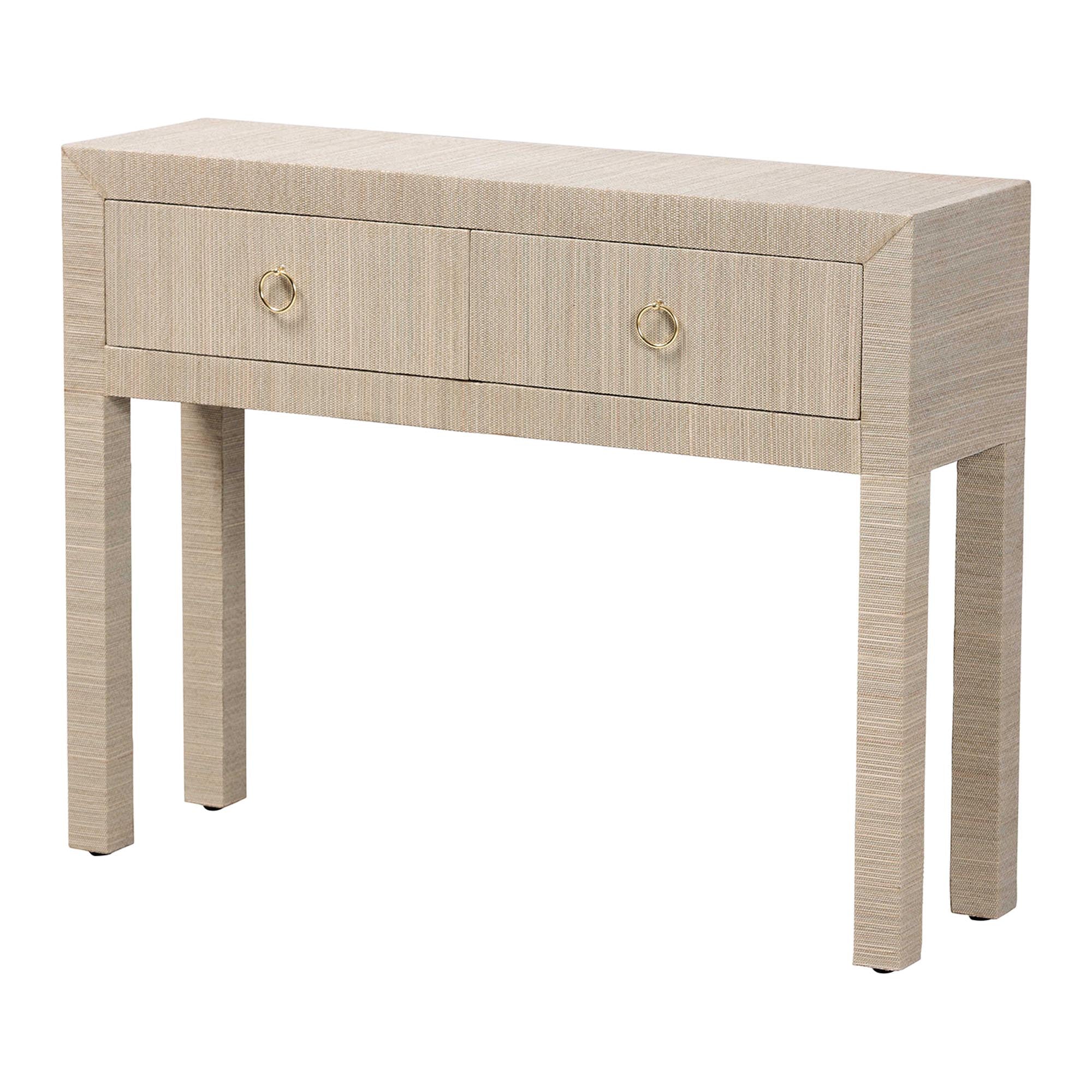 bali & pari Noah Grasscloth 2-Drawer Console Table - Woven Texture Entryway Table with Gold Ring Pulls, Narrow Hallway or Living Room Accent Table, Beige