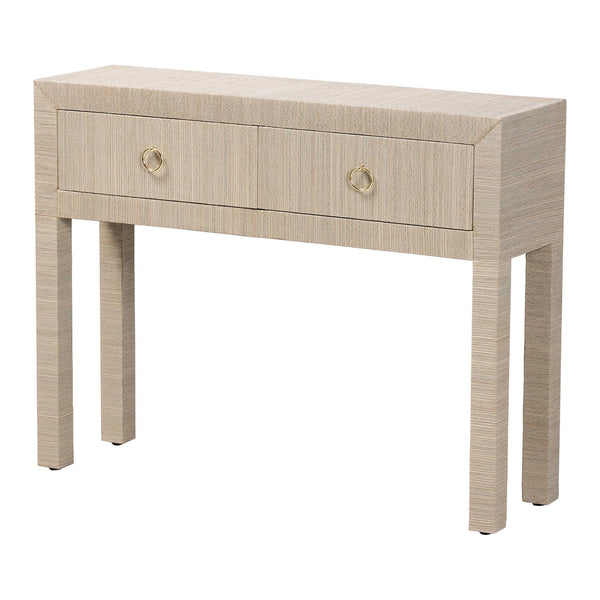 Noah Grasscloth 2-Drawer Console Table - Woven Texture Entryway Table with Gold Ring Pulls, Narrow Hallway or Living Room Accent Table, Beige