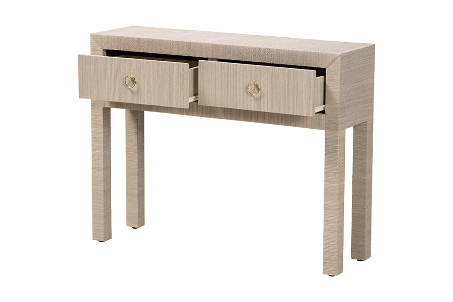 Noah Grasscloth 2-Drawer Console Table - Woven Texture Entryway Table with Gold Ring Pulls, Narrow Hallway or Living Room Accent Table, Beige