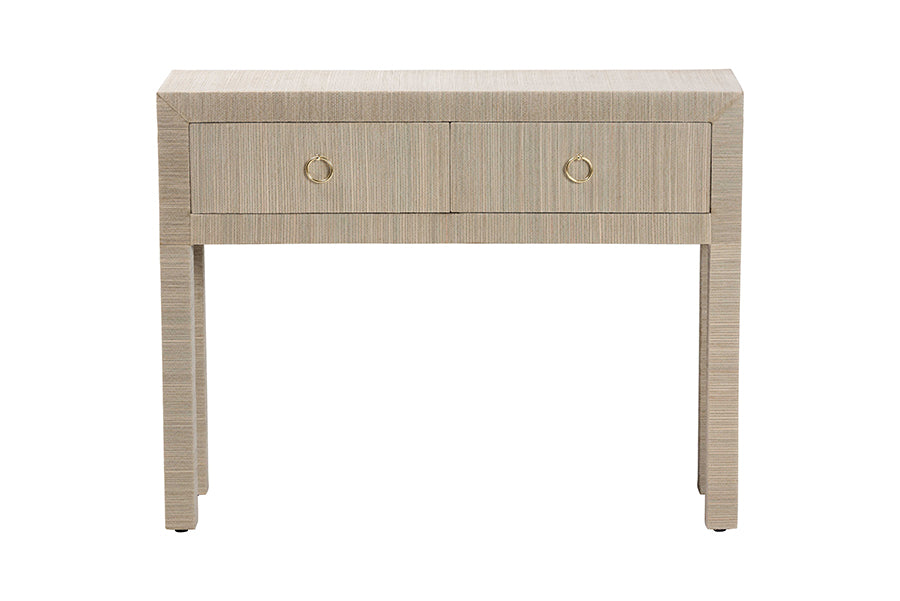 Noah Grasscloth 2-Drawer Console Table - Woven Texture Entryway Table with Gold Ring Pulls, Narrow Hallway or Living Room Accent Table, Beige