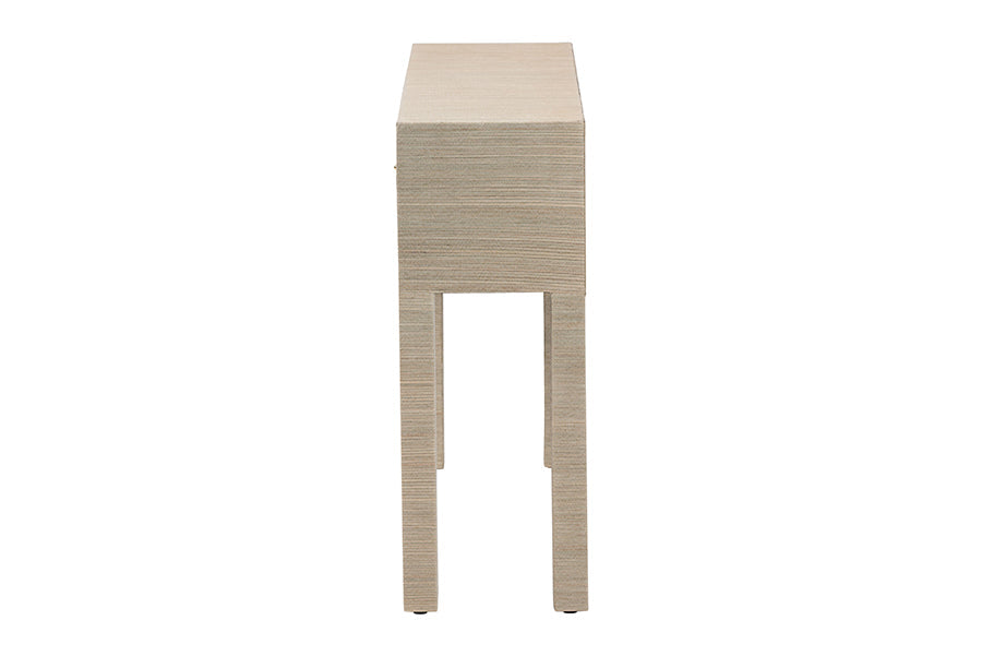 Noah Grasscloth 2-Drawer Console Table - Woven Texture Entryway Table with Gold Ring Pulls, Narrow Hallway or Living Room Accent Table, Beige