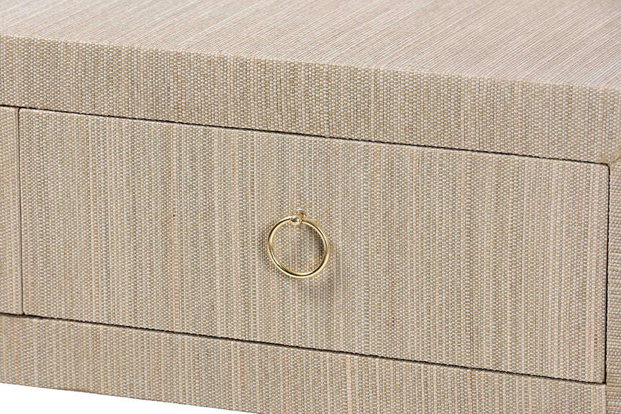 Noah Grasscloth 2-Drawer Console Table - Woven Texture Entryway Table with Gold Ring Pulls, Narrow Hallway or Living Room Accent Table, Beige