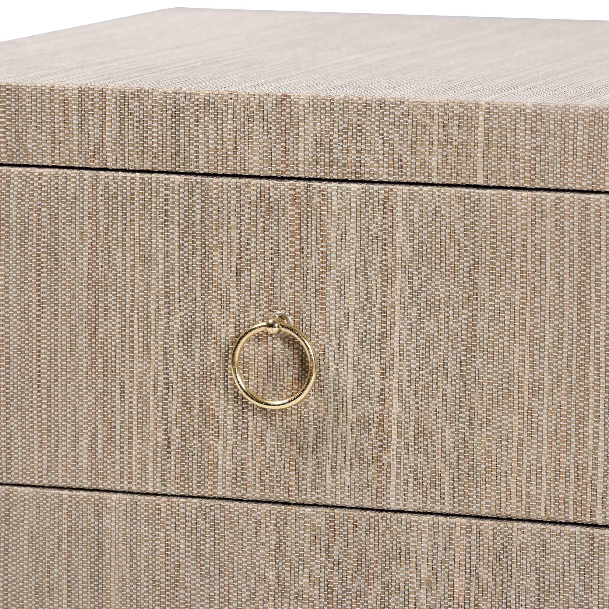 Juniper Grasscloth Nightstand with Scalloped Base - Woven Texture 2-Drawer Bedside Table with Gold Ring Pulls, Accent Bedroom Storage Furniture