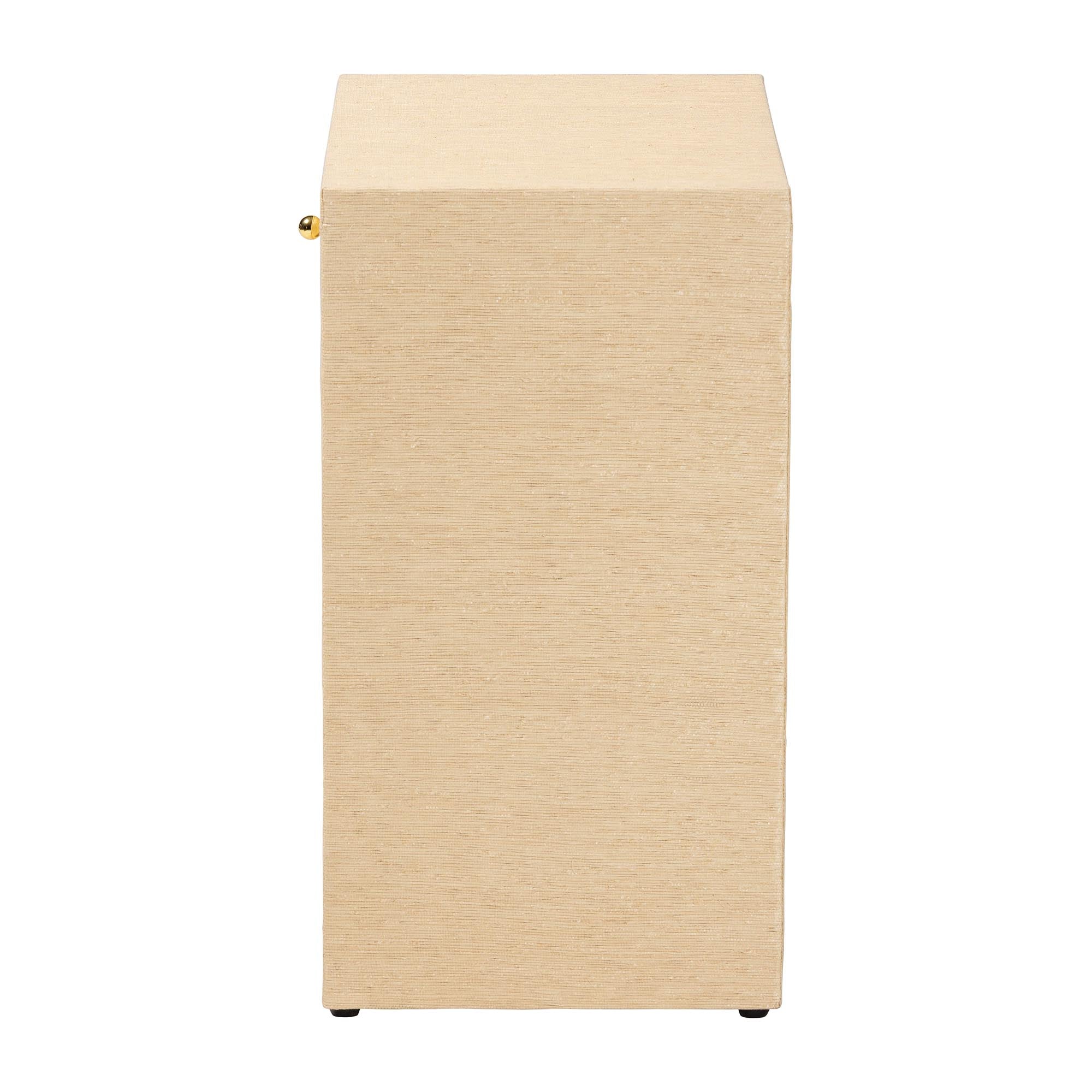 William Grasscloth 1-Drawer Nightstand with Open Shelves - Woven Texture Bedside Table with Gold Knob, Modern Coastal Accent Table for Bedroom