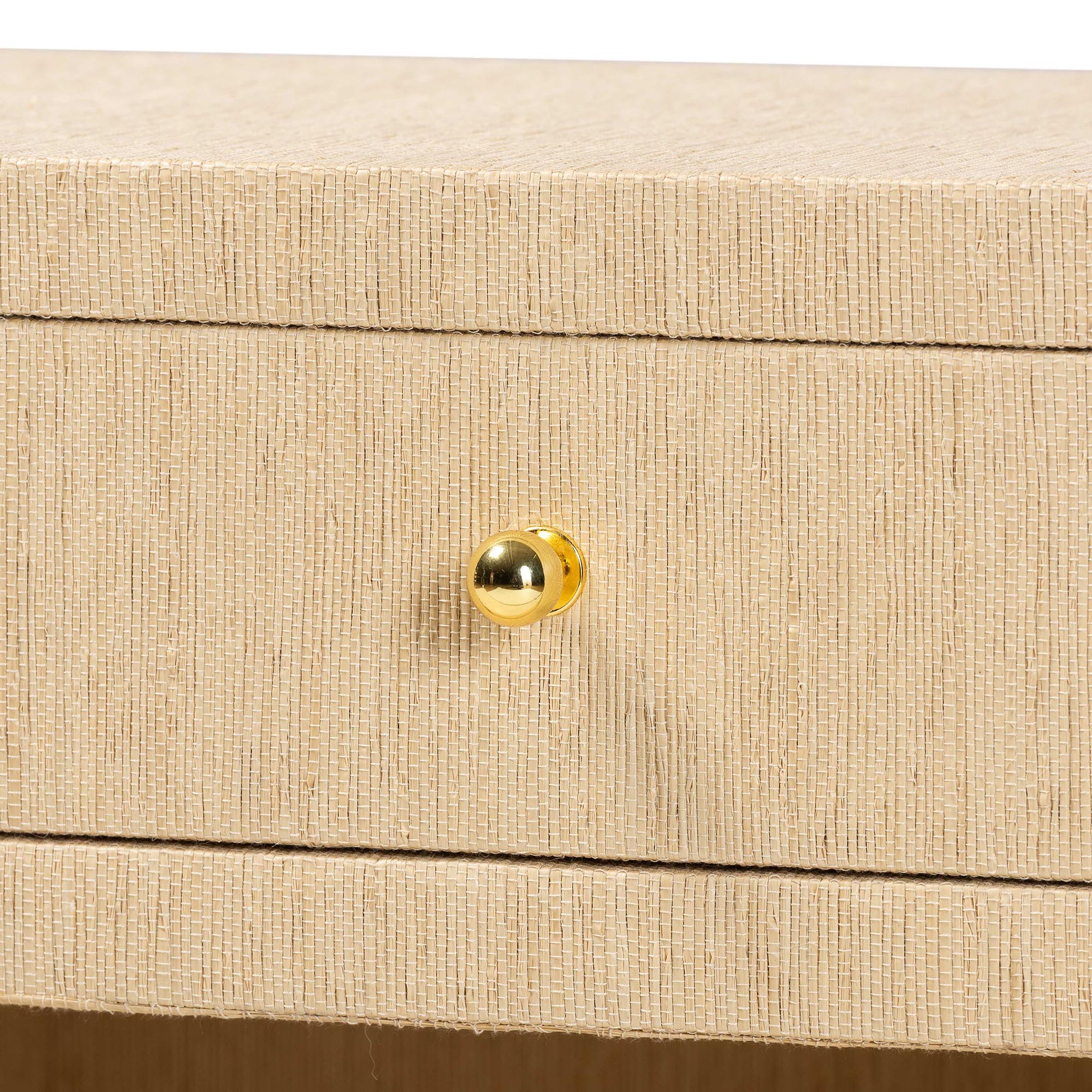 William Grasscloth 1-Drawer Nightstand with Open Shelves - Woven Texture Bedside Table with Gold Knob, Modern Coastal Accent Table for Bedroom