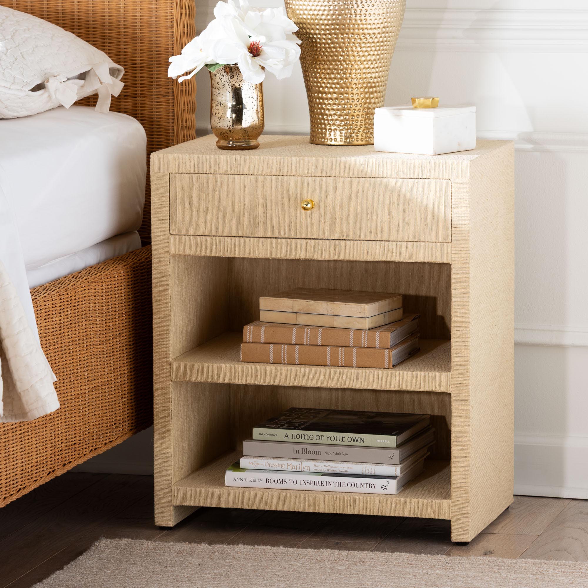 William Grasscloth 1-Drawer Nightstand with Open Shelves - Woven Texture Bedside Table with Gold Knob, Modern Coastal Accent Table for Bedroom