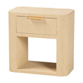 Beauford Grasscloth 1-Drawer Nightstand with Open Shelf - Woven Texture Bedside Table with Rounded Corners and Gold Handle, Modern Coastal Accent Table for Bedroom or Living Room