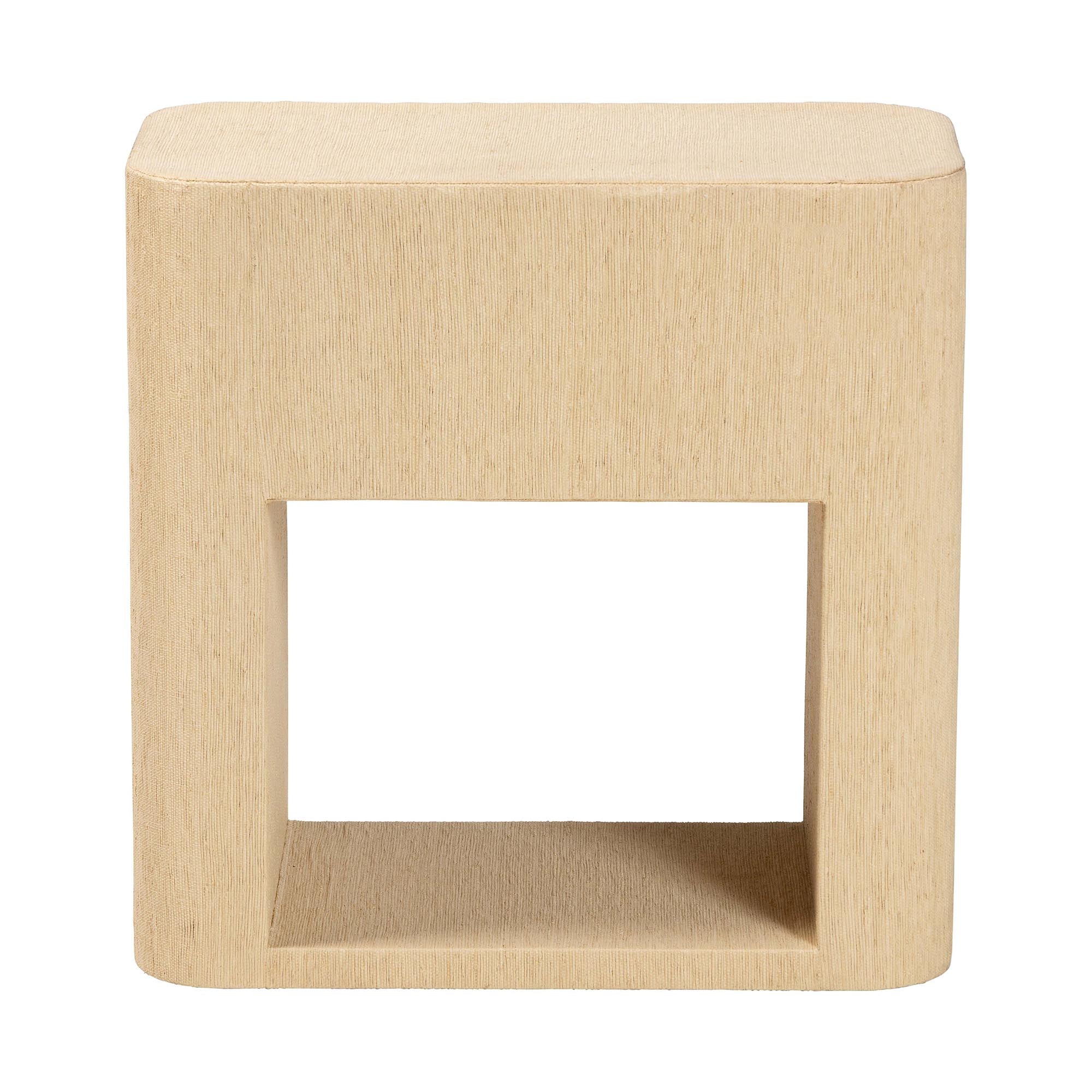 Beauford Grasscloth 1-Drawer Nightstand with Open Shelf - Woven Texture Bedside Table with Rounded Corners and Gold Handle, Modern Coastal Accent Table for Bedroom or Living Room