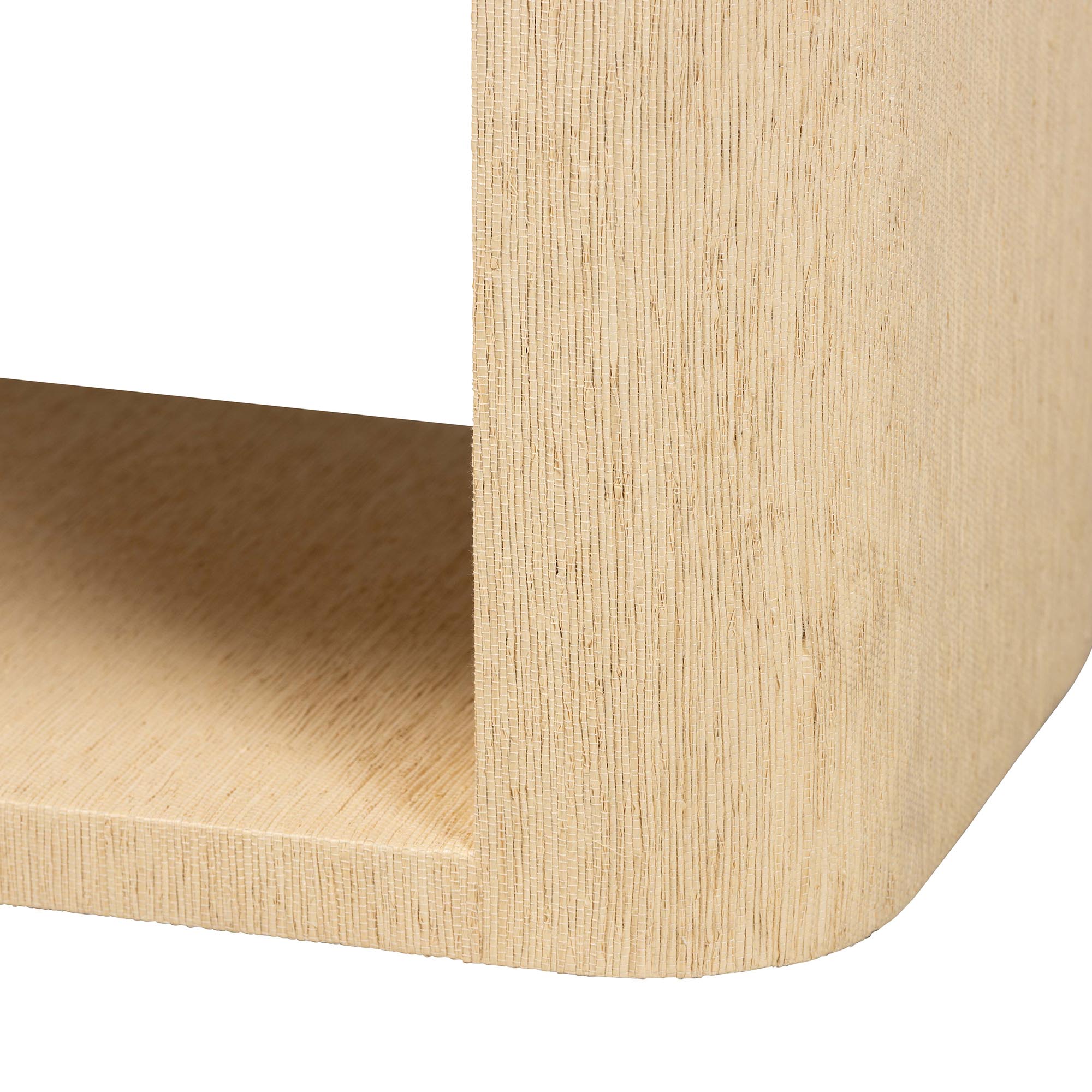 Beauford Grasscloth 1-Drawer Nightstand with Open Shelf - Woven Texture Bedside Table with Rounded Corners and Gold Handle, Modern Coastal Accent Table for Bedroom or Living Room