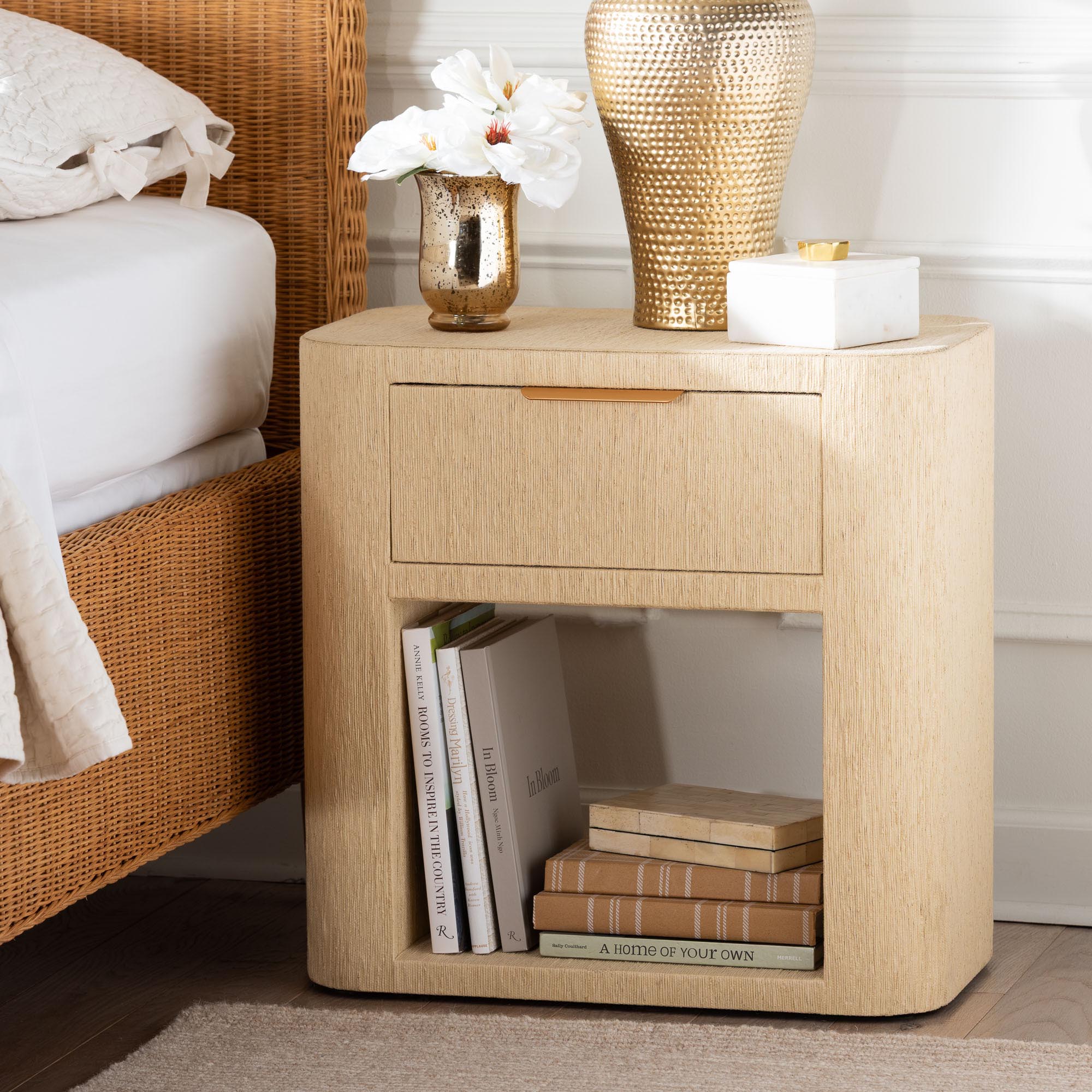 Beauford Grasscloth 1-Drawer Nightstand with Open Shelf - Woven Texture Bedside Table with Rounded Corners and Gold Handle, Modern Coastal Accent Table for Bedroom or Living Room