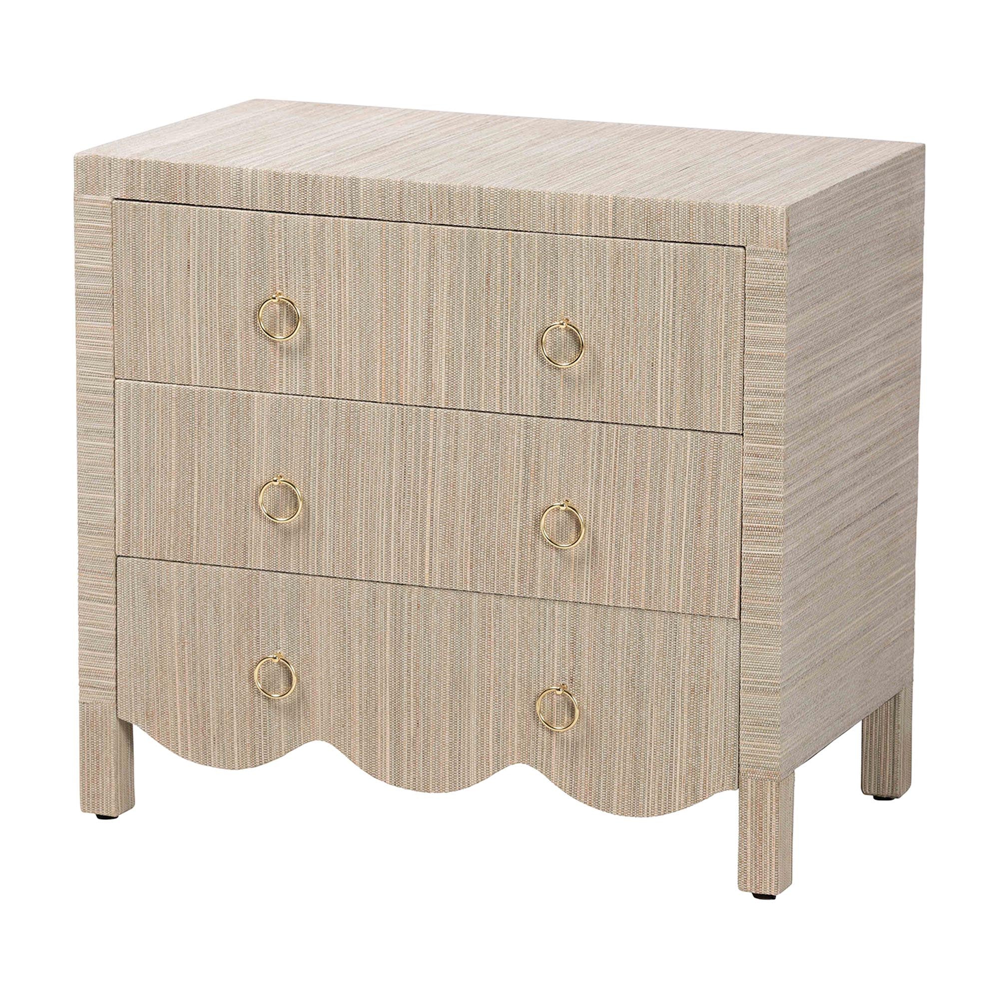 Umika Grasscloth Nightstand with Scalloped Base - 3-Drawer Accent Chest with Gold Ring Pulls, Bedroom Storage Table or Side Cabinet