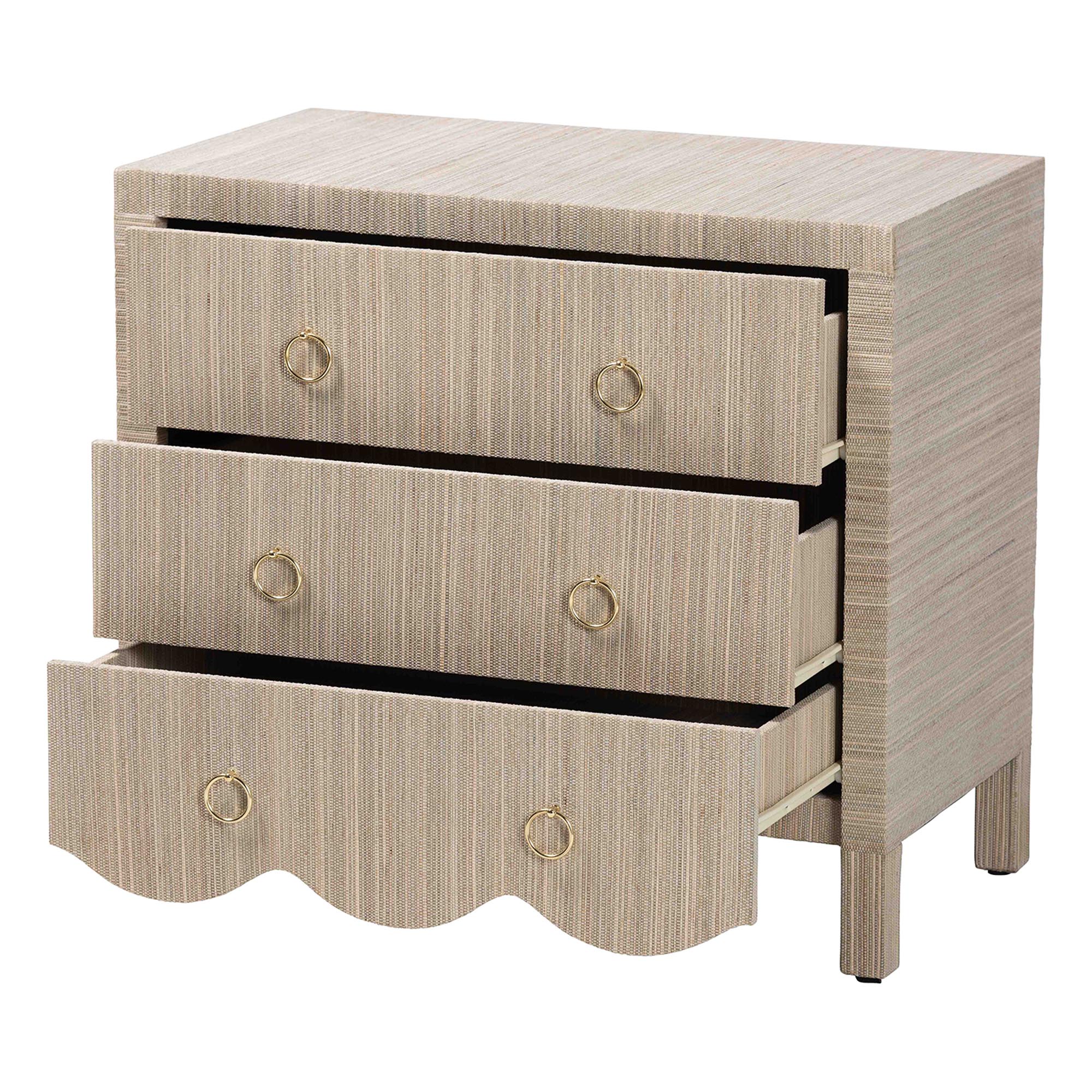 Umika Grasscloth Nightstand with Scalloped Base - 3-Drawer Accent Chest with Gold Ring Pulls, Bedroom Storage Table or Side Cabinet