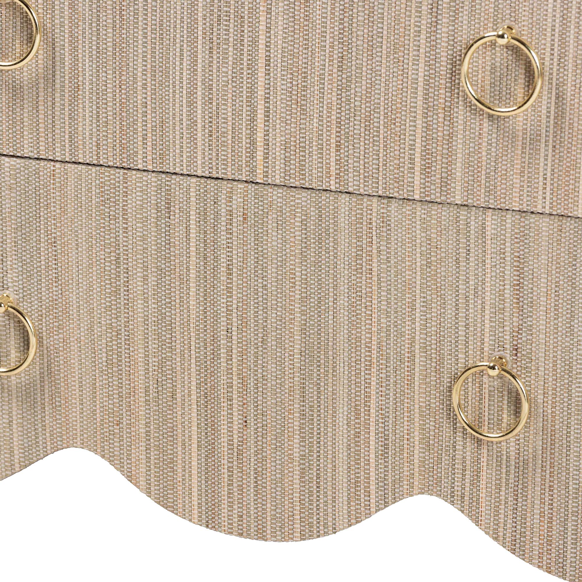 Umika Grasscloth Nightstand with Scalloped Base - 3-Drawer Accent Chest with Gold Ring Pulls, Bedroom Storage Table or Side Cabinet