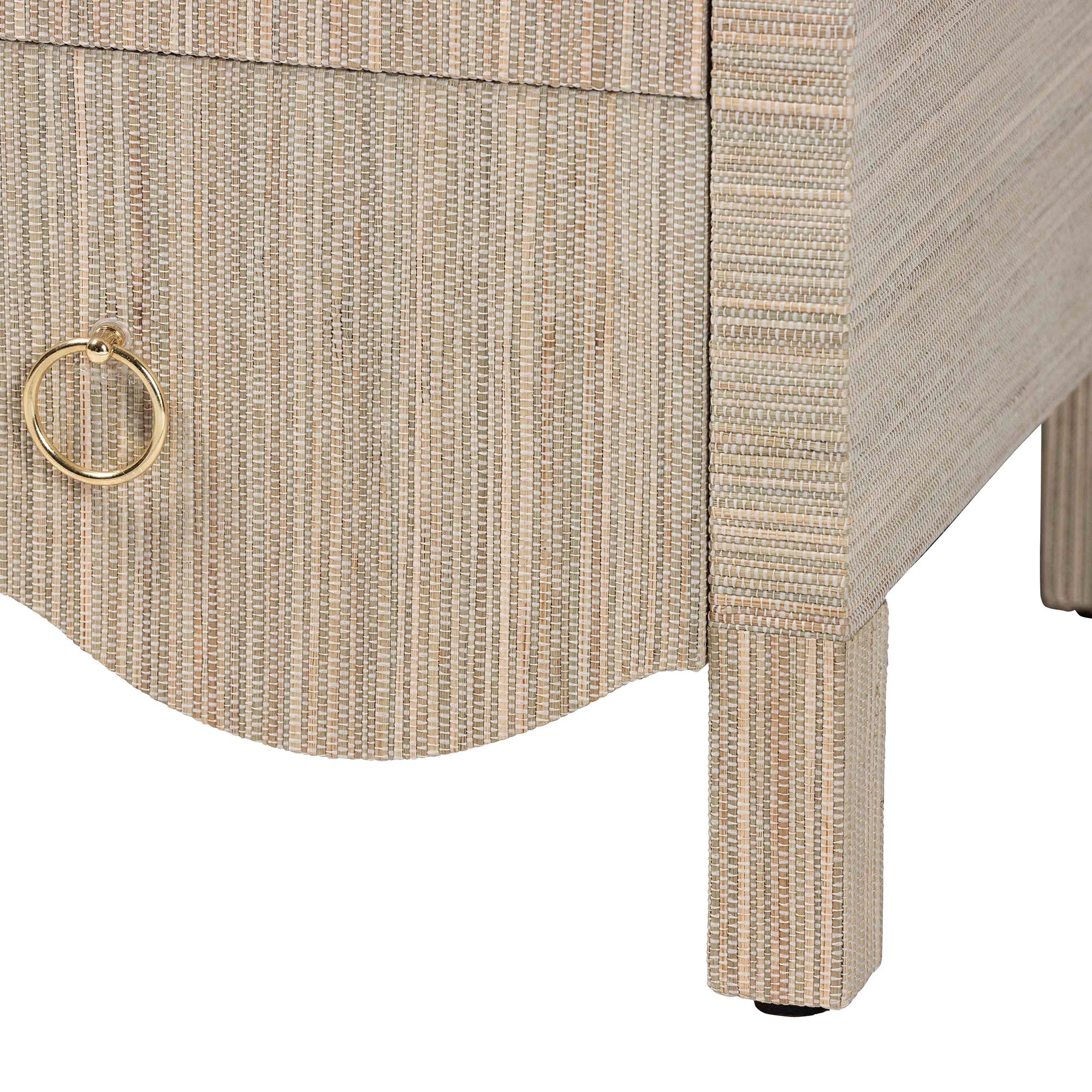 Umika Grasscloth Nightstand with Scalloped Base - 3-Drawer Accent Chest with Gold Ring Pulls, Bedroom Storage Table or Side Cabinet