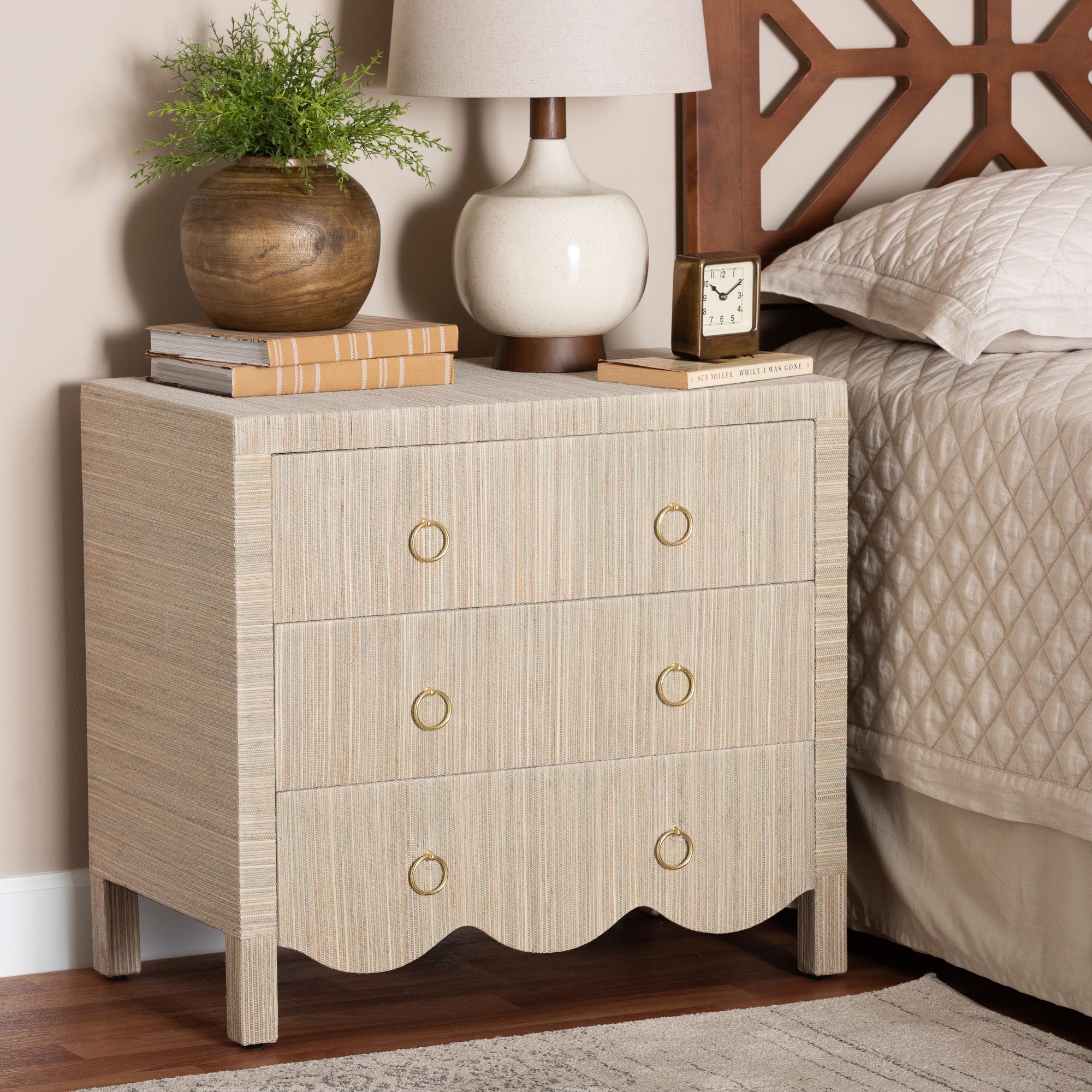 Umika Grasscloth Nightstand with Scalloped Base - 3-Drawer Accent Chest with Gold Ring Pulls, Bedroom Storage Table or Side Cabinet