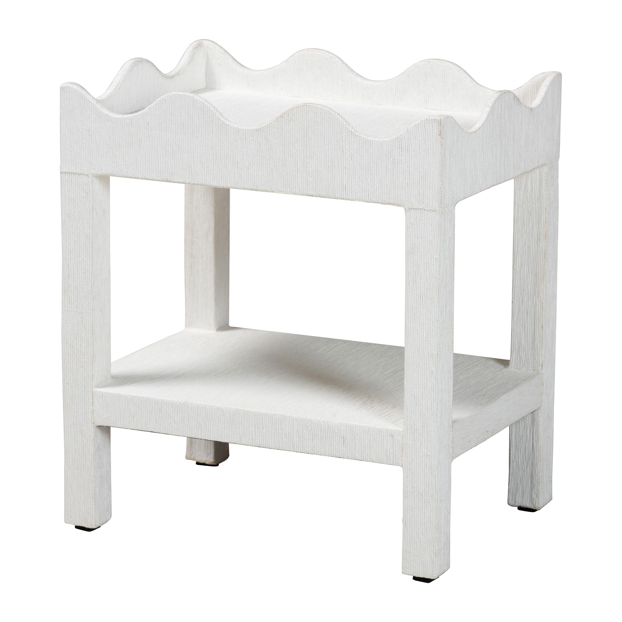 Sebastian Grasscloth Scalloped End Table - 2-Tier Accent Table with Open Shelf Storage for Living Room, Bedroom, or Entryway, White