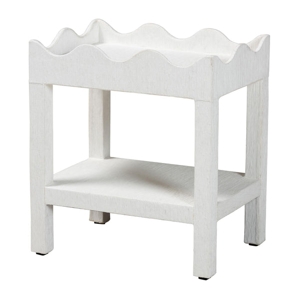 Sebastian Grasscloth Scalloped End Table - 2-Tier Accent Table with Open Shelf Storage for Living Room, Bedroom, or Entryway, White