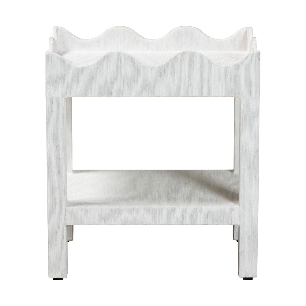 Sebastian Grasscloth Scalloped End Table - 2-Tier Accent Table with Open Shelf Storage for Living Room, Bedroom, or Entryway, White